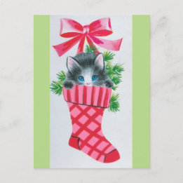 Zoete Vintage Christmas Kitten in een Kous Feestdagenkaart