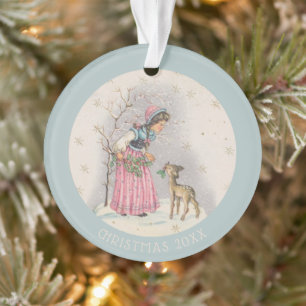 Zoete Vintage Kerst Scene Meisje Ree Ornament