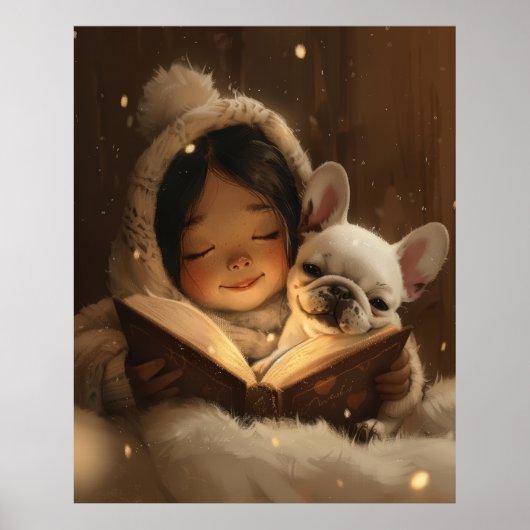 Zoete vriendschap: Meisje knuffelt haar Franse Bul Poster (Voorkant)