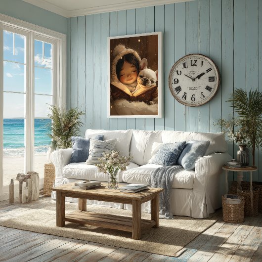 Zoete vriendschap: Meisje knuffelt haar Franse Bul Poster