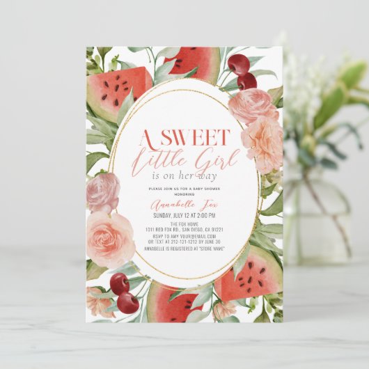Zoete Watermeloen Aquarel Bloemige Baby Shower Kaart (Staand voorkant)
