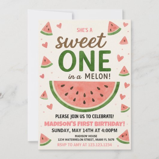 Zoete watermeloen eerste verjaardag uitnodiging (Voorkant)