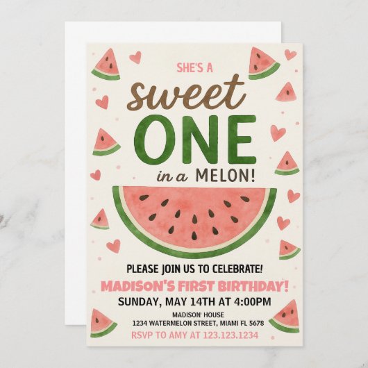 Zoete watermeloen eerste verjaardag uitnodiging (Voorkant / Achterkant)