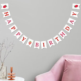 Zoete Waterverf aardbeien Happy Birthday Vlaggetjes