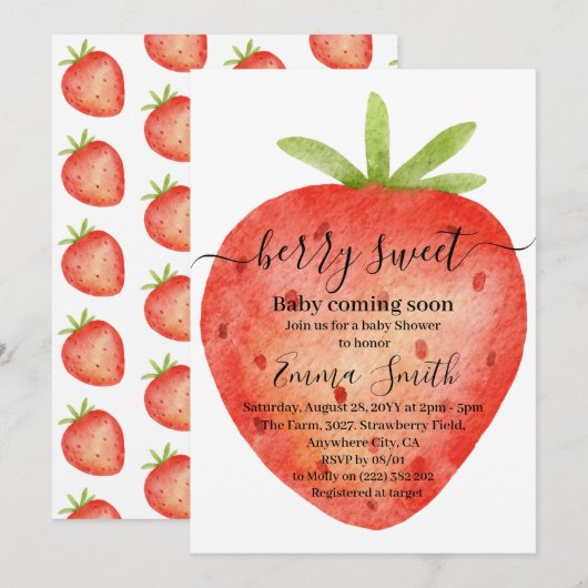 Zoete Waterverf Babyshower Uitnodiging met Aardbei (Voorkant / Achterkant)