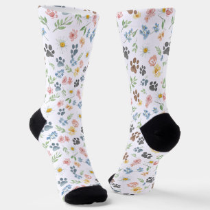 🐾 Zoete waterverf bloemen en pootafdruk Sokken