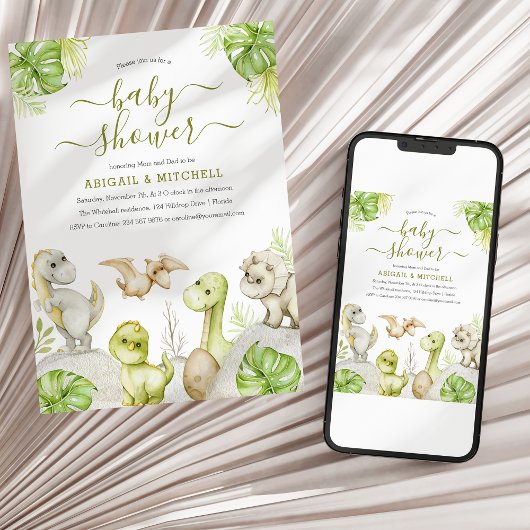 Zoete Waterverf Dinosaurus Baby shower Kaart