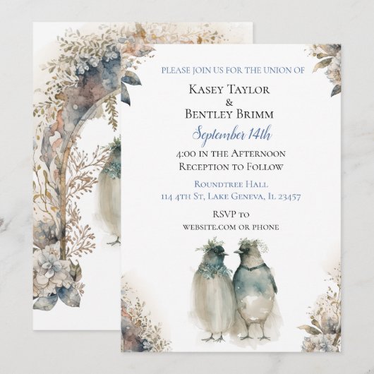 Zoete Waterverf pinguïns Unieke bruiloft Kaart (Voorkant / Achterkant)