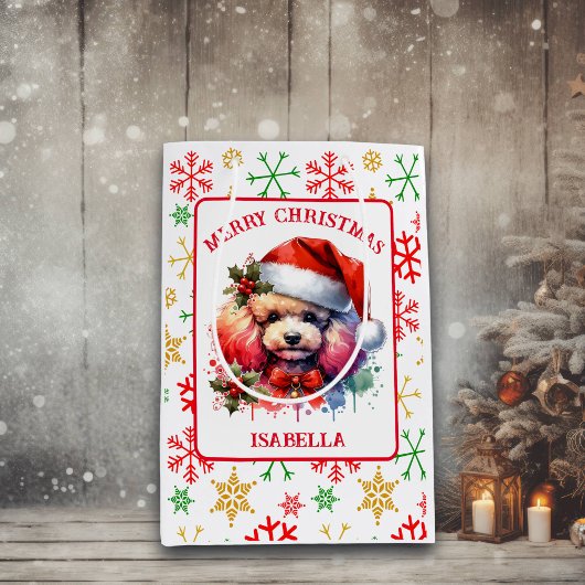 Zoete Waterverf Poedel in Santa Hat Medium Cadeauzakje