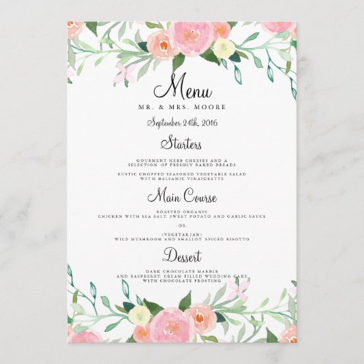 Zoete waterverf roze perzik trouwdiner menu (Voorkant)