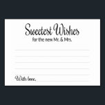 Zoete wensen voor de nieuwe Mr en Mrs Advice Kaart<br><div class="desc">Een onderdeel van het Sweetest Wishes Collectie. Deze charmante advies- en wenskaarten zijn de perfecte aanvulling op uw trouwreceptie. Het bevat de tekst "Sweetest Wishes for the new Mr and Mrs." in een werveling en bloklettertype. De kaart heeft ruimte voor gasten om hun wensen en hun naam (en) achter te...</div>