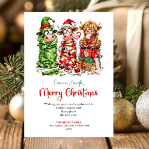 Zoete Whimsical Koeien Watercolor Kerst Groet Feestdagenkaart