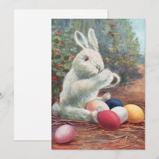 Zoete  Witte Bunny met paaseieren Feestdagenkaart (Voorkant / Achterkant)