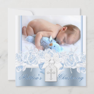 Zoete witte en babyblauwe doop kaart