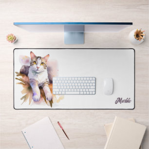 Zoete Witte Kat Aquarel Illustratie Bureaumat