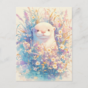 Zoete Witte Otter in Pastelkleurige Weide Vol Wild Briefkaart