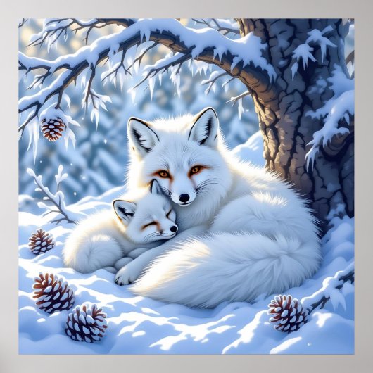 Zoete Witte Vossen in de Sneeuw Poster (Voorkant)