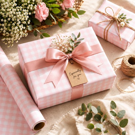 Zoete Zachte Roze Gingham Verjaardag Cadeaupapier