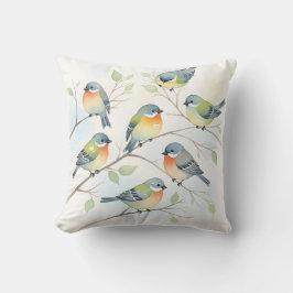Zoete Zangvogels op Takken Waterverf Bloemstuk Kussen