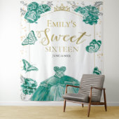 Zoete Zestien Achtergrond Vlinder Groene Jurk Wandkleed (In situ)