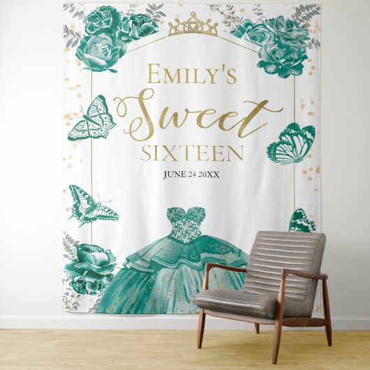 Zoete Zestien Achtergrond Vlinder Groene Jurk Wandkleed (In situ)