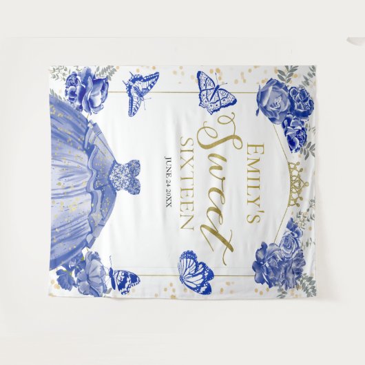 Zoete Zestien Achtergrond Vlinder Koninklijke Blau Wandkleed (Voorkant (horizontaal))