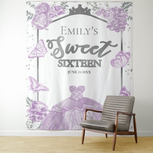 Zoete Zestien Achtergrond Vlinder Lavendel Jurk Wandkleed (In situ)