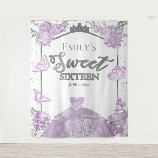 Zoete Zestien Achtergrond Vlinder Lavendel Jurk Wandkleed (Voorkant)