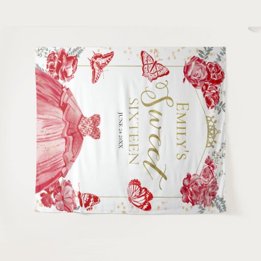 Zoete Zestien Achtergrond Vlinder Rode Jurk Bloeme Wandkleed (Voorkant (horizontaal))