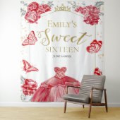 Zoete Zestien Achtergrond Vlinder Rode Jurk Bloeme Wandkleed (In situ)