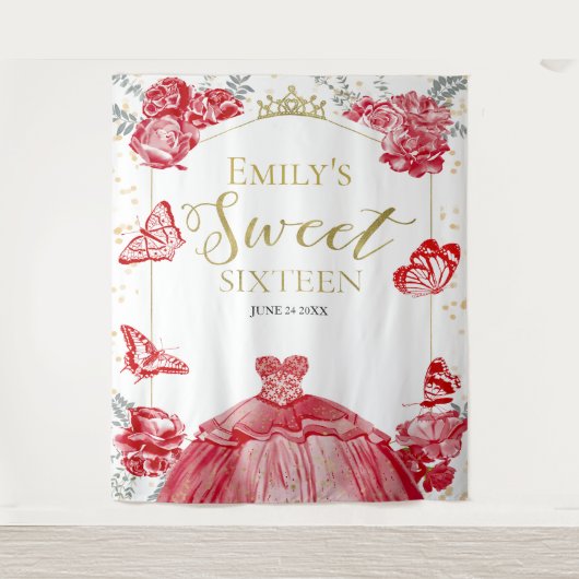 Zoete Zestien Achtergrond Vlinder Rode Jurk Bloeme Wandkleed (Voorkant)