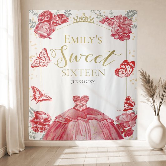 Zoete Zestien Achtergrond Vlinder Rode Jurk Bloeme Wandkleed