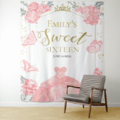 Zoete Zestien Achtergrond Vlinder Roze Jurk Bloeme Wandkleed (In situ)