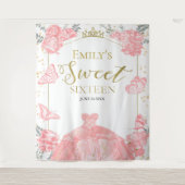 Zoete Zestien Achtergrond Vlinder Roze Jurk Bloeme Wandkleed (Voorkant)