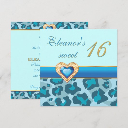 Zoete zestien blauwe luipaard juweel hart verjaard kaart (Voorkant / Achterkant)