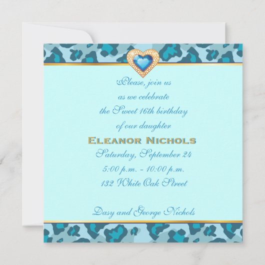 Zoete zestien blauwe luipaard juweel hart verjaard kaart (Achterkant)