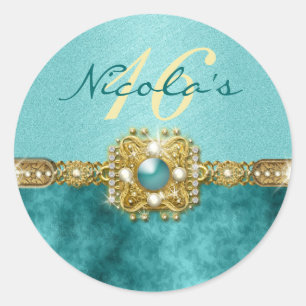 "zoete zestien" blauwgroen goud 16 jaar ronde sticker