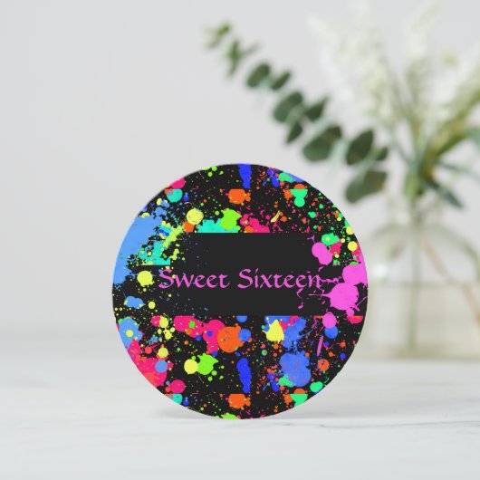 Zoete zestien, kleurrijk, neonverf, uitnodiging (Staand voorkant)
