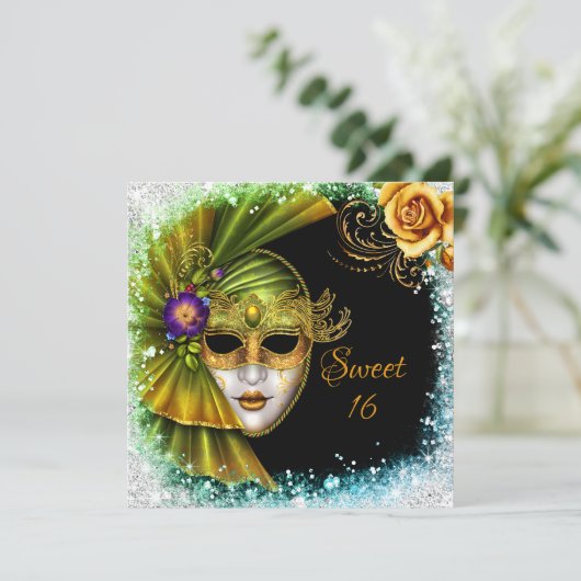 Zoete Zestien Maskerade Mardi Gras Goud Groen Kaart (Staand voorkant)