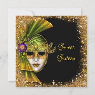 Zoete Zestien, Masquerade, Gouden Glitter Uitnodig Kaart