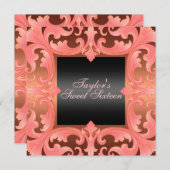 Zoete zestien Peach Damask Design Birthday Invite Kaart (Voorkant / Achterkant)