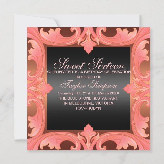 Zoete zestien Peach Damask Design Birthday Invite Kaart (Achterkant)