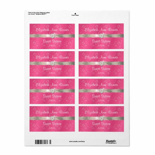 Zoete Zestien Pink met Parels Waterfleslabels Etiket (Full Sheet)