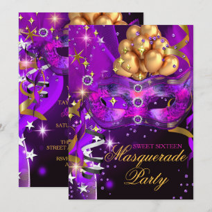 Zoete Zestien Purper Goud Zwart Maskerade Feest Kaart