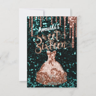Zoete Zestien Roos Bloemige Jurk Glitter Druppels  Kaart
