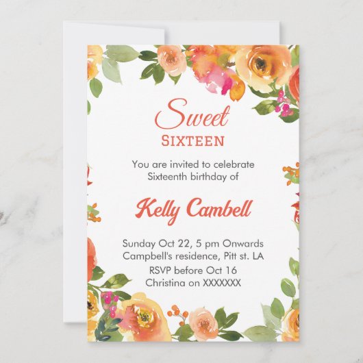 Zoete zestien roze bloemen verjaardag Uitnodiging (Voorkant)