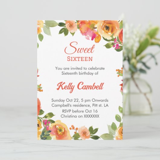 Zoete zestien roze bloemen verjaardag Uitnodiging (Staand voorkant)