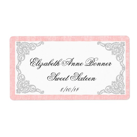 Zoete zestien roze en zilveren waterfleslabels etiket (Voorkant)