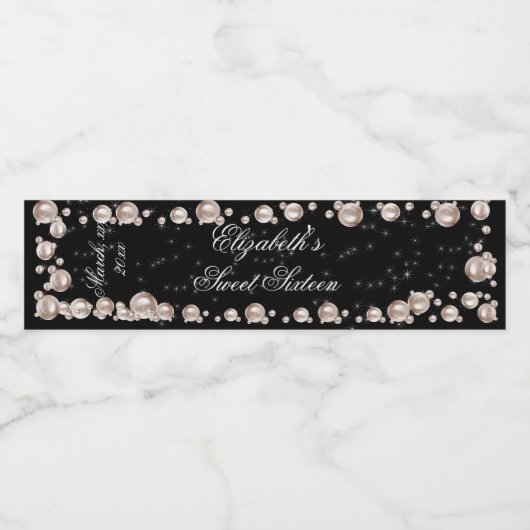 Zoete Zestien Roze Parels Fonkelende Sterren Waterfles Etiket (Enkel label)