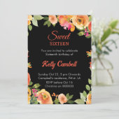 Zoete zestien roze/zwarte aquarel bloemenuitnodige kaart (Staand voorkant)